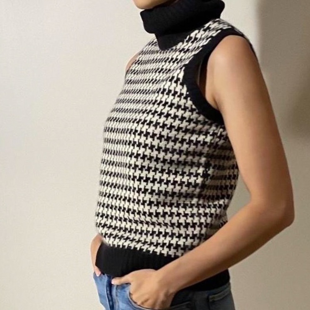 Ralph Lauren Houndstooth Turtleneck Cashmere Merino Wool Sweater Sleeveless L